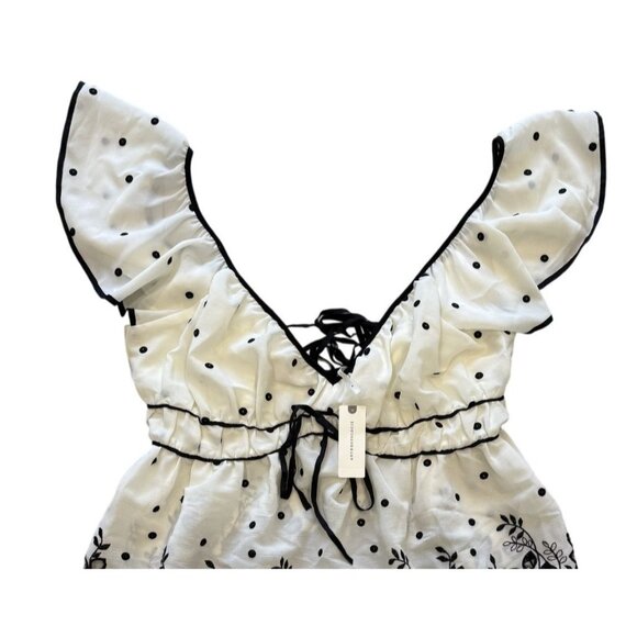Anthropologie Tie Back Shirred Polka Dot Floral Blouse Fairy Black Ivory M Nwt - Picture 2 of 7
